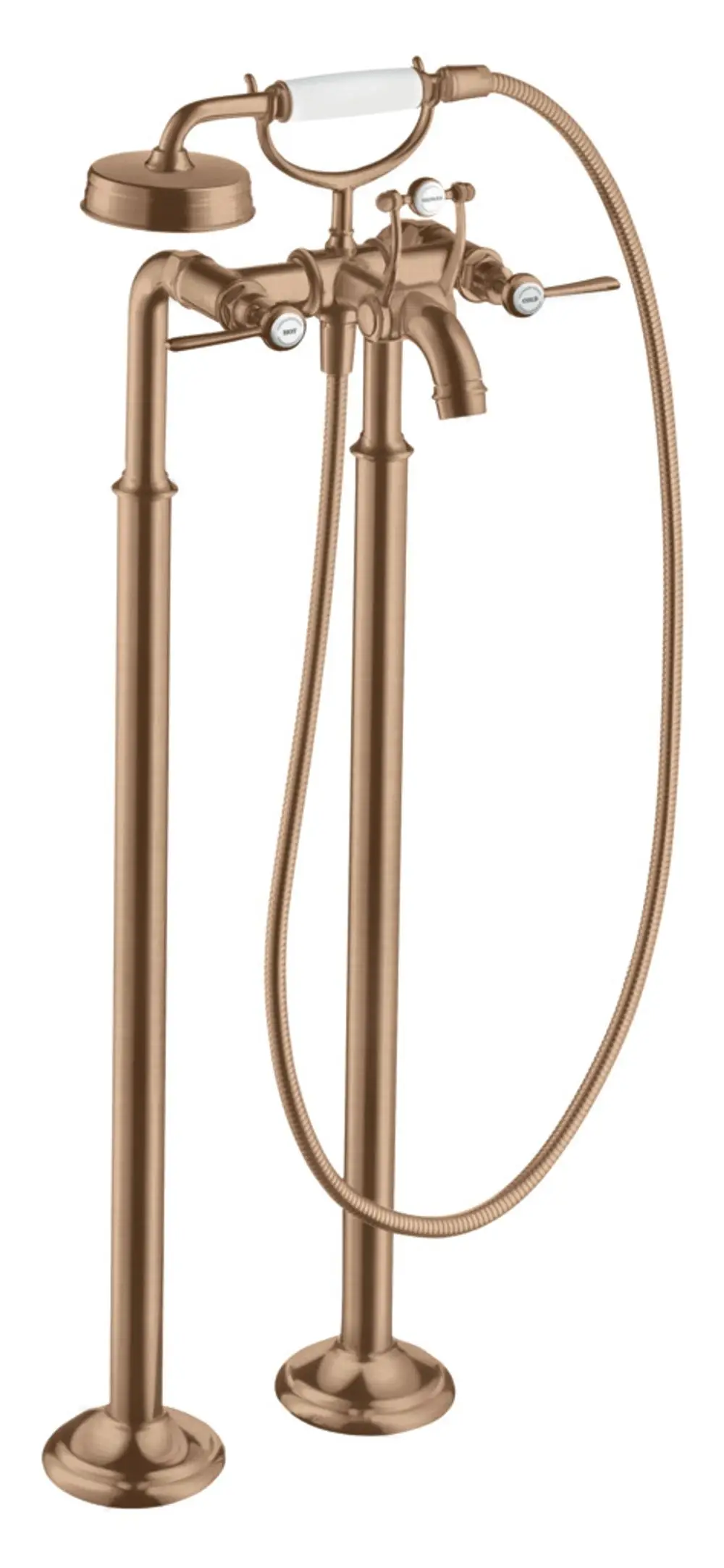 Bodenstehende AXOR Wannenarmatur mit zwei Hebelgriffen und flexibler Handbrause in gebürstetem Rotgold.